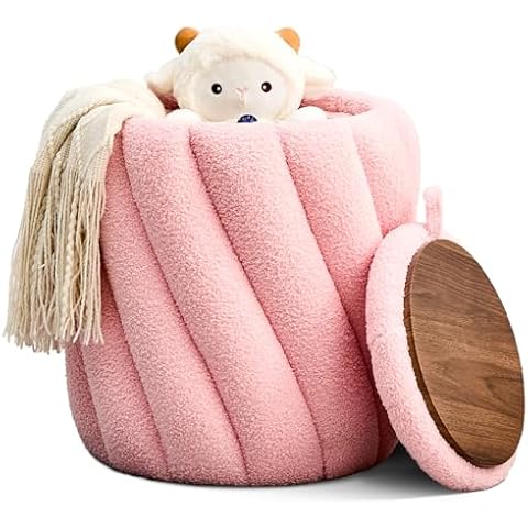 Mxfurhawa Ottoman with Storage Round Vanity Stool Ottomans Foot Rest for Makeup Room Upholstered Padded Seat Foot Stool for Living Room Entryway Teddy Velvet (Pink) Cover