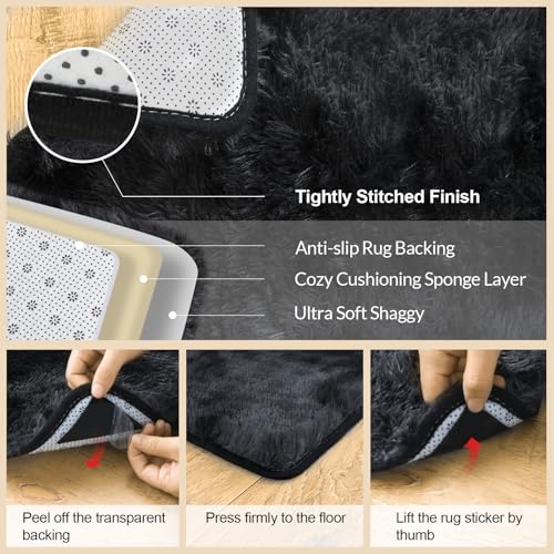 5x7 Rugs for Living Room, Large Fluffy Area Rugs for Bedroom, Soft Carpet Shag Kids Rug with 4 Non-Slip Rug Pads (Black Grey Tie-Dyed, 5ft x 7ft)