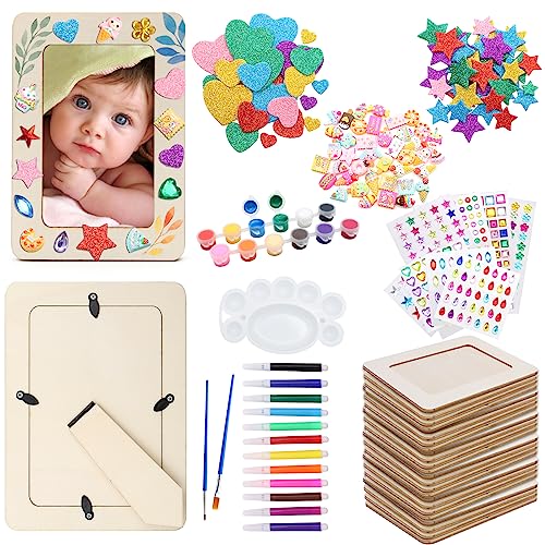 ZYNERY 24 Pcs Picture Frame Painting Craft Kit, DIY Unfinished Wooden Photo Frames with Painting Tools Set, Hearts Stars Eva Stickers, Resin Accessories for Kids Craft, Paint and Decorate (24)