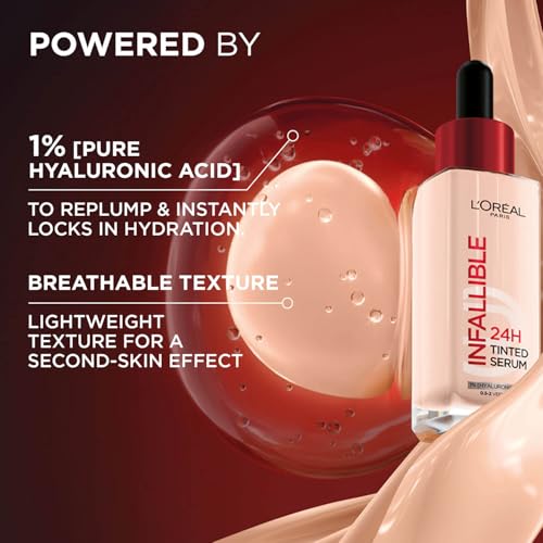 Image of L'Oreal Paris Infallible 24H Tinted Serum Foundation, 7-8 Tan Deep | 24H Wear Lightweight Serum Foundation, 1% Pure Hyaluronic Acid, Radiant Skin-Like Coverage, Plumper & Hydrated Skin