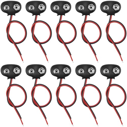 Poeland Paquete de 10 conectores de batería de 9 V, clip de batería tipo T de 9 voltios, conector de clip de batería de 9 V con cable y carcasa de cuero