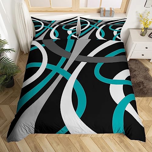 Feelyou Blue Black Gray Retro Circle Swirls Bedding Set Geometric for Kids Circle Stripes Geometric Comforter Cover Abstract Geometric Bedspread Cover Twin Size Breathable 2Pcs (No Comforter)