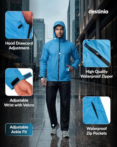 Image of Destinio Rain Coat for Men Waterproof with Hood, Thick Polyester, Leak Proof, Premium Zipper, Raincoat for Bike Riding, Double Layer Rain Suit for Riders, Rainwear Set