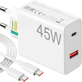 Carregador Universal Super Turbo 45W compatível com iPhone 15 e 16 e Android, 2 Saídas USB-C e USB-A, com Cabo Emborrachado 1M Tipo-C para Tipo-C