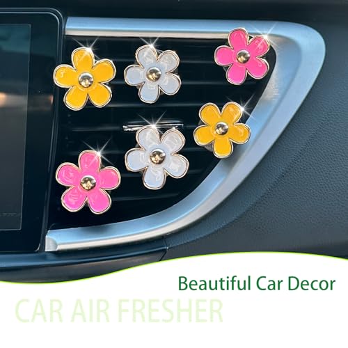 Image of ORIESSE 6pcs Flowers Car Air Freshener Vent Clips,Pink Yellow White Daisy Flowers Air Vent Clip Car Accessories for Women,3.3cm /3cm Flower Girly Vehicle Decor Refillable Outlet Diffuser