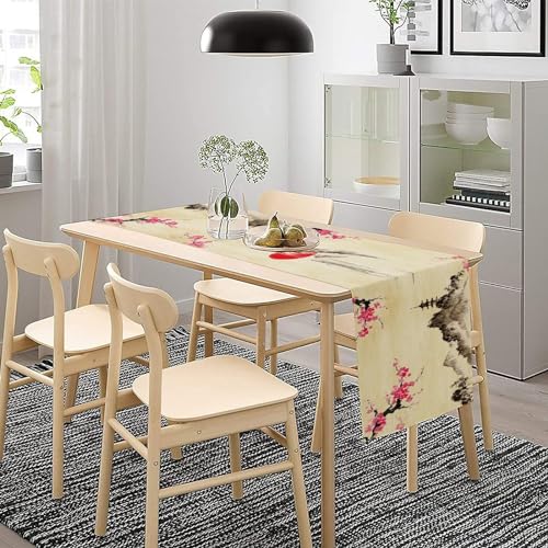 Image of Japanese Cherry Blossom Table Runner Retro Spring Landscape Mountain Plum Floral Tabletop Decor Cover for Holiday Dining Room Party 13x90 Inch