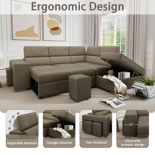 THSUPER 104'' Microfiber L Shaped Sectional Sleeper Sofa Couch with Pull Out Bed and Storage Ottoman, Convertible Couches with Adjustable Headrest for Living Room, Right Facing Chaise. Light Brown
