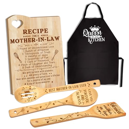 Mother in Law Gifts, Mothers Day Mother in Law Gifts from Daughter in Law, Step Mom/Bonus Mom Kitchen Present Wooden Cutting Board with Cooking Utensils Set with Apron Set