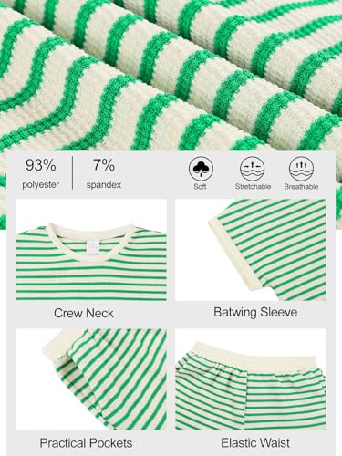 Image of Girls Summer Outfits Striped T-Shirt & Shorts Set for 5-14Y | Kids 2 Piece Clothing, Breathable Textured Tops and Bottoms with Pockets, Great for Casual Wear, School, Sports or Vacation