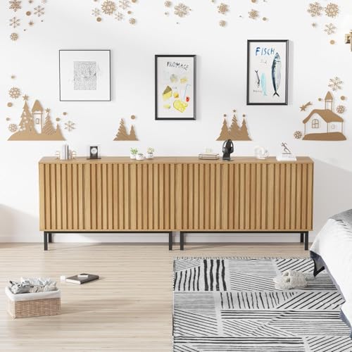 Image of Garvee 47.2 Inch Sideboard Buffet Cabinet with Fluted Doors, Modern Wood Storage Cabinet with Adjustable Shelf, Freestanding Coffee Bar for Dining Room Living Room
