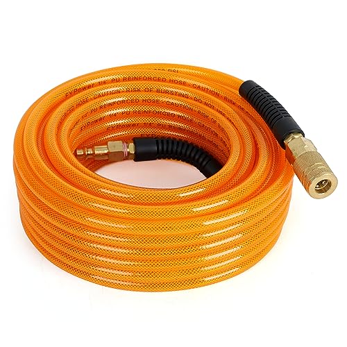 FYPower Air Compressor Hose 1/4 Inch x 50 Feet Flexeel Reinforced Polyurethane (PU) Air Hose with Fittings, Bend Restrictors, 1/4