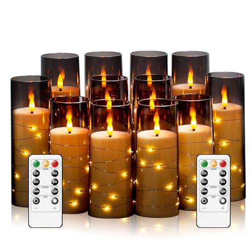 Image of Sasigeiaa Flameless Candles with Embedded Star String - Battery Operated LED Candles, with Remote,12 Grey Flickering Candles for Christmas, Weddings, Home Decor & Party,(D 2.3 inchxH 5 inch 6 inch 7 inch)