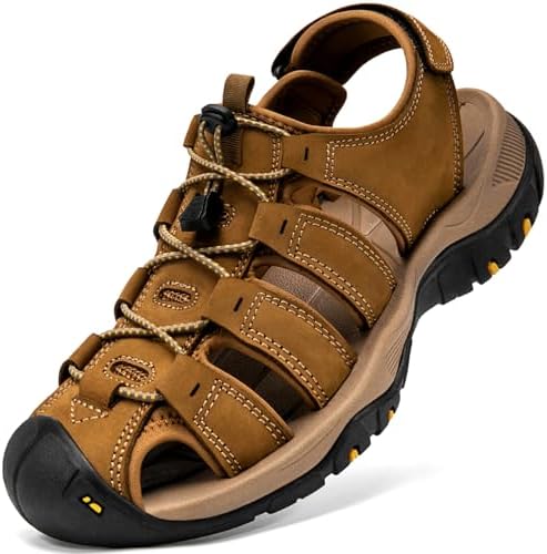 Men’s Sport Sandals Closed Toe Leather Hiking Athletic Walking Outdoor Beach Trail River Fishing Water Shoes Lightweight Comfortable Waterproof