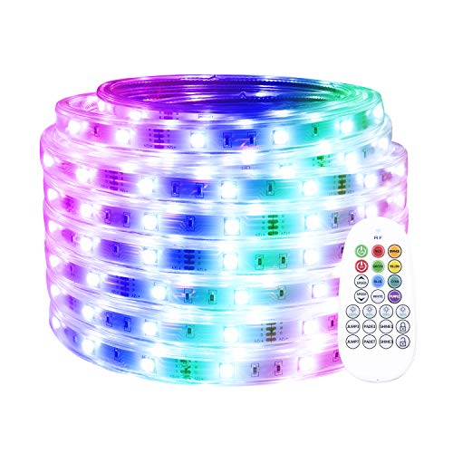 RGB Rope Lights Outdoor 50ft LED Waterproof Color Changing Rope Lighting Dimmable 5050 LEDs Multi-Color 12V Power Plug-in RF Remote Flexible Indoor Strip Light for Patio Deck Bedroom Pool Party