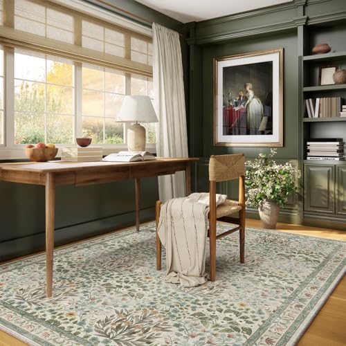 Image of Beige Blue Area Rug 5x7 - Vintage Washable Floral Rug for Living Room, Bedroom, Nursery & Entryway - Low Pile, Non-Slip, Stain Resistant, Retro Indoor Carpet
