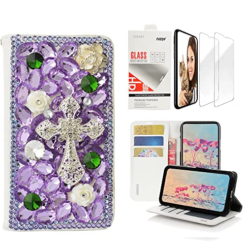 STENES Bling Wallet Case Compatible with iPhone 7 / iPhone 8, 3D Handmade Cross Flowers Design Leather Case with Wrist Strap & Screen Protector [2 Pack] - Light Purple