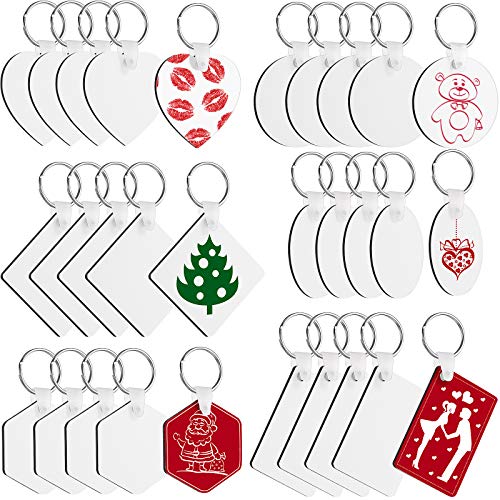 30 Pieces Sublimation Blanks Keychains Heat Transfer Keychains Christmas Ornament Pendant DIY Wooden Board Key Rings for Art Craft Making Supplies, 6 Styles