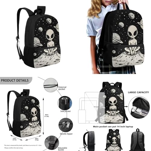 Space Alien Backpack Set with Lunch Box, Water Bottle Pouch, and Pencil Case for Boys & Girls, 17" Large School Bag3