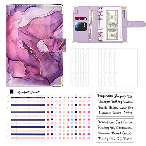 Budget Binder, A6 Marmor PU Leder Binder, Geld Organizer Budget Planer mit 8 Reißverschluss Cash Umschläge, 12 Ausgaben Budget Blätter für 2 Brief Label Aufkleber (lila)