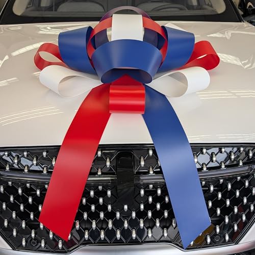 Image of CarBowz Big Car Bow for Decorations and Birthday Gifts, Large Ribbon, Magnet, Safe Sticker, Fully Assembled 30 inch Wide Huge Bow, No Suction Cup Needed (Red /White /Blue)