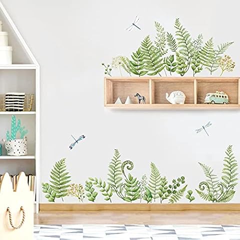 decalmile Wandtattoo Bordüre Grüne Farn Pflanze Wandsticker Tropische Blätter Libelle Wandaufkleber Wohnzimmer Schlafzimmer Wanddeko Cover