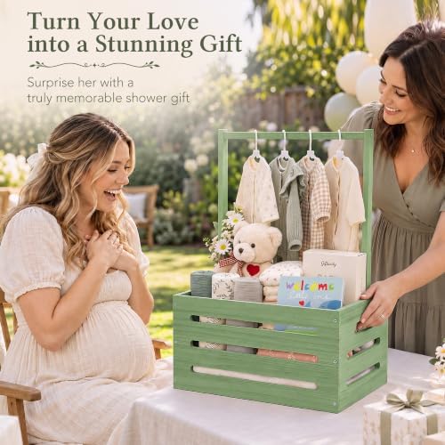 Wooden Baby Shower Crate, Sage Green Personalized Gift Basket — 사진 2