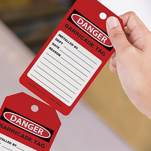 Accuform Red Barricade Tag, Safety Tag, Hazard Warning, Danger Sign, 100 Tags by-The-Roll, OSHA Compliant, Tear & Water Resistant PF-Cardstock, 6.25\" x 3\", TAR741