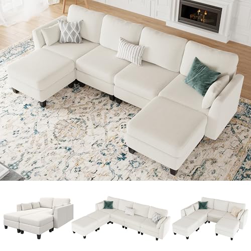 Modular Sectional Sofa, Convertible U Shaped Sofa Couch with High Density Memory Foam, Modern U Shaped Sectional Sofa, 6 Seat Comfy Modular Sofa Couch for Living Room, Beige