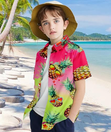 Image of uideazone Size 9-10 Boys Hawaiian Shirts Kids Short Sleeve Button Down Casual Shirt Pineapple Print Blouse Beach Style Summer Wear Tops for Dailywear Camping Hiking Climbing Beach Volleyball