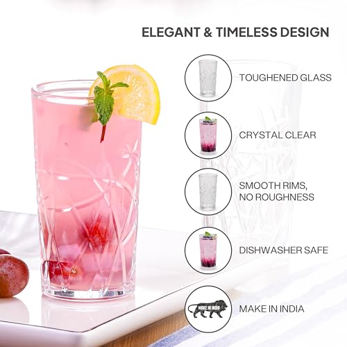 Image of CELLO Swirl Hi-Ball Tumbler Glass Set of 6, 275ml Each | Dishwasher Safe | Comfortable Grip & Stackable | Perfect Glasses for Water, Juice, Cocktail, Mocktails & Cold Drinks | for Daily Use & Gifting