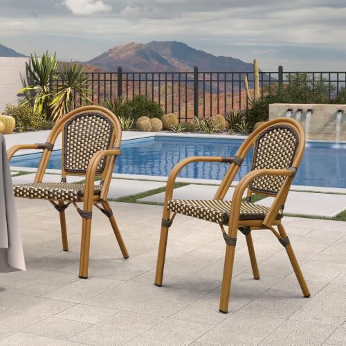 Image of PURPLE LEAF Patio French Bistro Armchairs Set of 2, Bamboo Finish, Brown