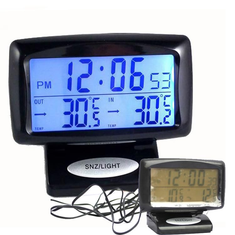 Auto Thermometer Electronic Clock LCD Home Car Indoor Outdoor Temp Monitor