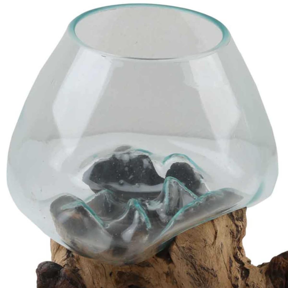 Glasvase auf Wurzelholz Ø 20cm x Höhe 27cm Recycling Glas & Teak Wurzel Holz handgefertigt extravagante Wohndeko Deko-Vase Glasschale Natur-Vase A20 Geschenk-Idee