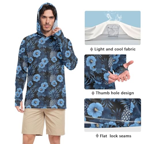Teal Hibiscus Pineapples Men's Sun Protection Hoodie Long Sleeve UPF 50 + Mens Sun Shirts Adult Rash Guards Mens Rash Guard4
