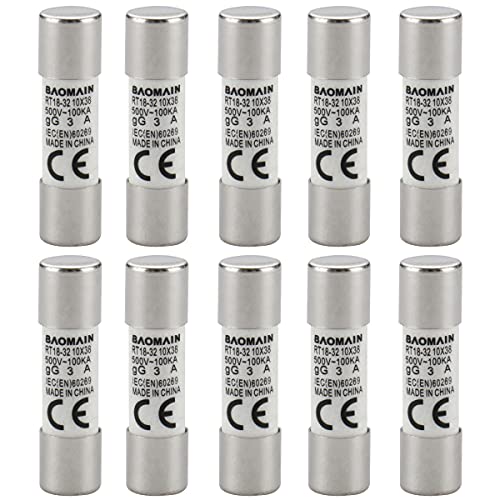 Baomain RT18-32 3A Fuse Link Rt18-32 (Ro15 Rt14 Rt19) 3A Cylindrical Ceramic Tube 10X38Mm 500V Listed Pack Of 10 cover