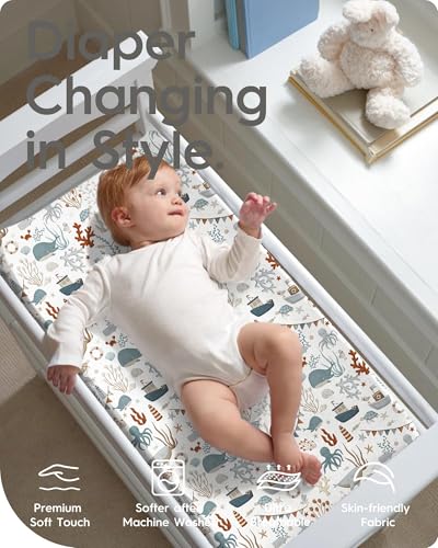 Image of Extra Stretchy Changing Pad Cover, TotBasic Ultra Soft Premium Jersey Knit Changing Pad Sheets, Unisex for Boys Girls, Fits All Standard Changing Tables /Dresser Tops - 2 Pack (Dino + Whale)