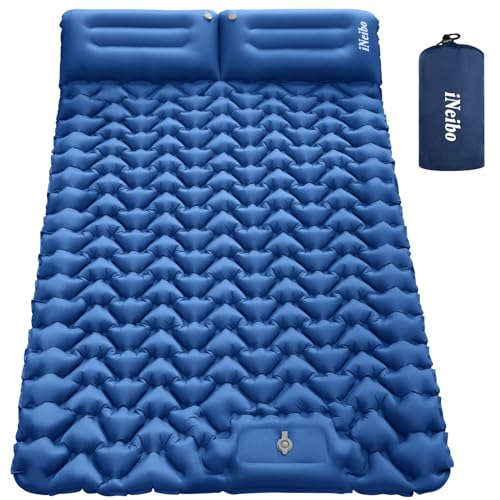 iNeibo Esterilla Camping Doble con Tamaño de Paquete Pequeño Colchoneta Camping 2 Personas con Prensa de Pie y Cojín Esterilla Hinchable Ultraligero para Actividades al Aire Libre y Camping Azul