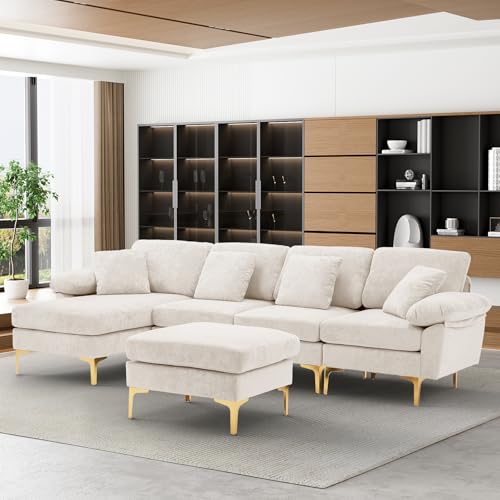 Image of OUYESSIR U-Shaped Sectional Sofa Couch, 4 Seat Sofa Set for Living Room, Convertible L-Shaped Velvet Couch Set with Chaise Lounge, Ottoman and Pillows,114 inches (White)
