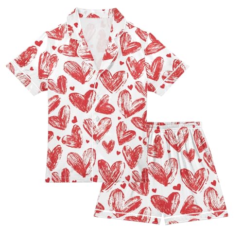 Hand Draw Red Hearts Summer Satin Pajama Set, Cute Button-Down Sleepwear Pj Set for Sleep Wears