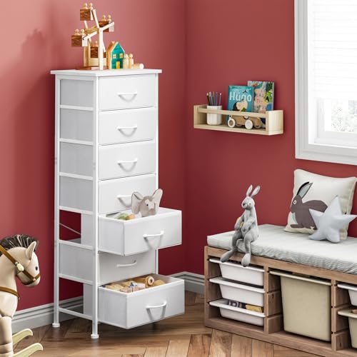 Fixwal Tall Skinny Dresser with 7 Fabric Drawers, Narrow Dresser, White by Fixwal - Used condition - Image 5