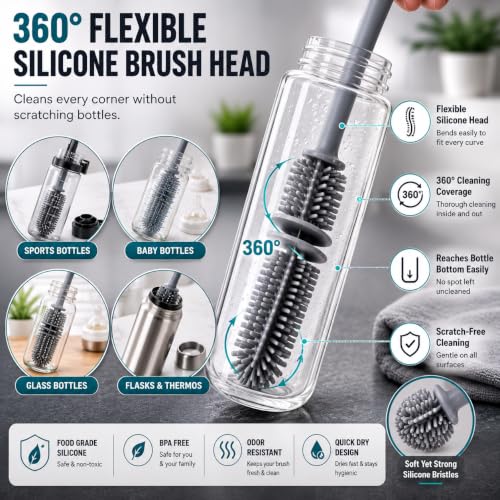 Image of Bottle Cleaning Brush Set for Water Bottles, Caps, Straws, Tumblers, Kitchen Cleaning Brush 3 in 1 Multipurpose