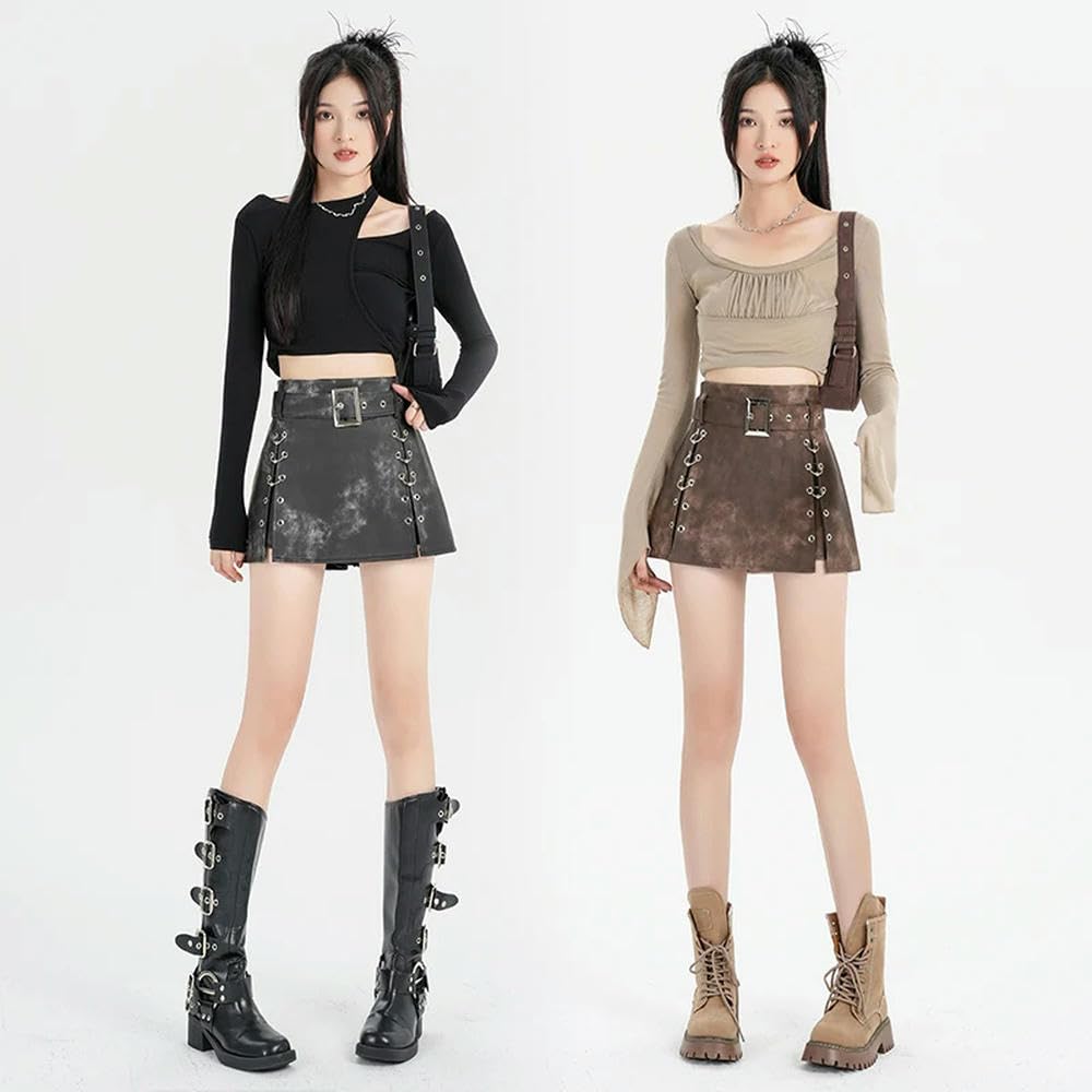 GLDFW Donne Nero Marrone Pelle Elegante Sexy Club Wrap Hip Gonna Corta Autunno Inverno Vita Alta A-line Minigonna Trend