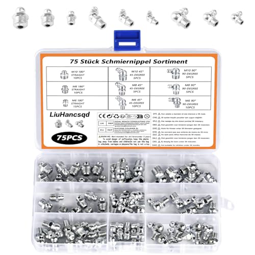 Kit assortimento di ingrassatori da 75 pezzi, set di ingrassatori M6, M8 e M10, ingrassatori conici per pistole per grasso, ingrassatori angolari dritti a 45°, 90° e 180° Kit assortimento di ingrassatori da 75 pezzi, set di ingrassatori M6, M8 e M10, ingrassatori conici per pistole per grasso, ingrassatori angolari dritti a 45°, 90° e 180°