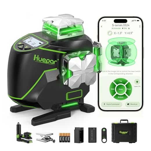 Huepar Laser Level 360 Self-Leveling, 4x360° Green Cross Line Laser with LCD Screen, 4D Bluetooth Outdoor Pulse Mode Laser Tool for Construction -Remote Control, Li-ion Battery or 4 AA Batteries-S04CG