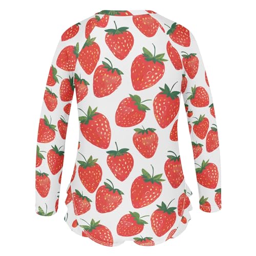 Red Strawberry Cartoon Print Girls One Piece Rash Guard Swimsuit, Girls Long Sleeve Swimwear for 3-12Y3