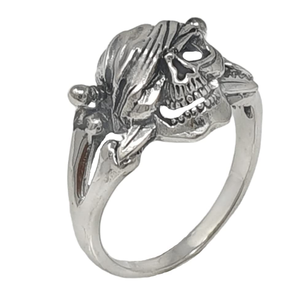 TreasureBay Mens Womens Skull Ring - 925 Sterling Silver Biker Punk Skull Ring Pirate Crossed Borns Ring Size: N P R T W Y Z