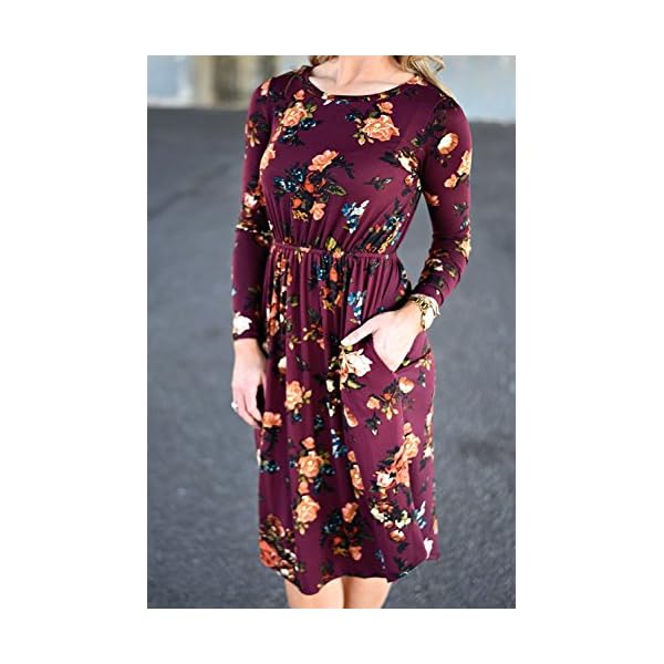 ZESICA-Womens-Long-Sleeve-Floral-Pockets-Casual-Swing-Pleated-T-Shirt-Dress ZESICA Women's Long Sleeve Floral Pockets Casual Swing Pleated T-shirt Dress,Small,Burgundy Burgundy Small