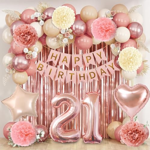 Decoracion 21 Cumpleaños Chica Mujer, Globos de Cumpleaños Rosa Retro Oro, Pancarta Feliz Cumpleaños, Globo de Aluminio Corazón, Globos de 21 Años, Pompones de Papel, Cortinas de espumillón metálicas