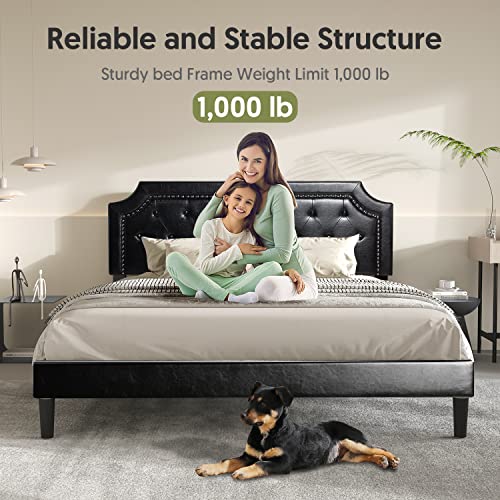 Bonsoir Bed Frame Upholstered Low Profile Platform Bed With Tufted Faux Leather Headboard/No Box Spring Needed/No Bed Skirt Needed (Black, Queen Size) #TOP3