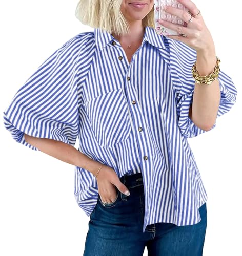 Image of Tankaneo Womens Short Puff Sleeve Button Down Shirts Striped Trendy Casual Loose Fit Blouse V Neck Collared Tops